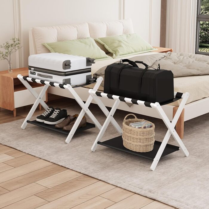 Smuxee Walnut Bamboo Luggage Rack for Guest Rooms, Folding Suitcase Stand with Storage Shelf, Lightweight Assembled Luggage Rack with 5 Nylon Straps for Guest Room Bedroom Hotel (White)