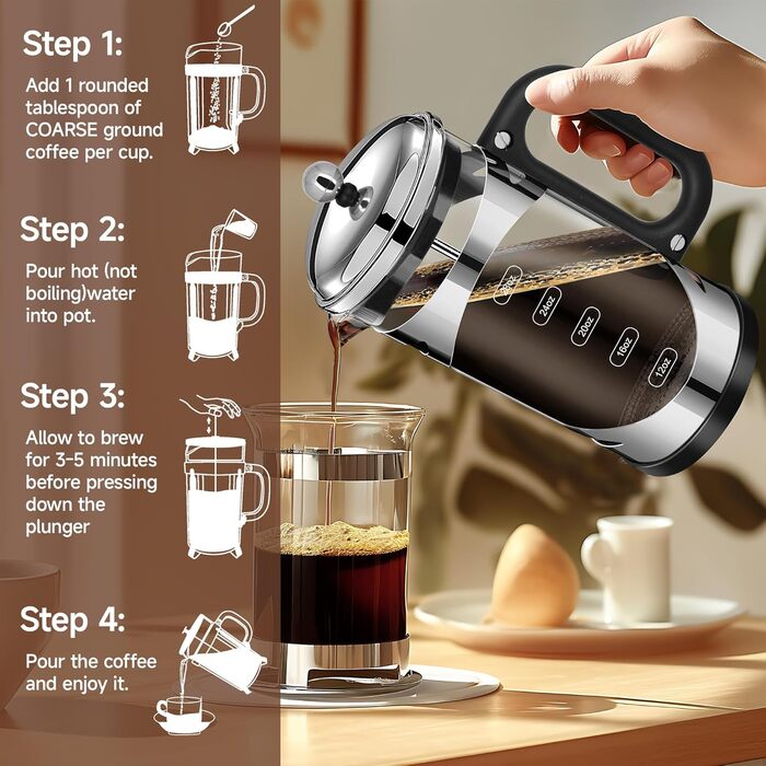 YMMIND 963.9 g French Press Coffee Maker Copper Stainless Steel Coffee Press, with 4-Stage Filtration System, Heat-Resistant Thick Borosilicate Glass, BPA-Free Brewed Coffee Pot for Camping Gifts (Silvery-r)