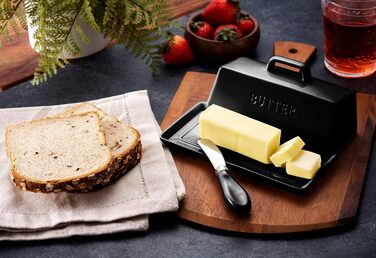 Ceramic Butter Dish Set with Lid and Knife – Black – Decorative Butter Crock Holder for 1 Butter – Microwave Safe, Dishwasher Safe – Includes Scratch-Free Stickers