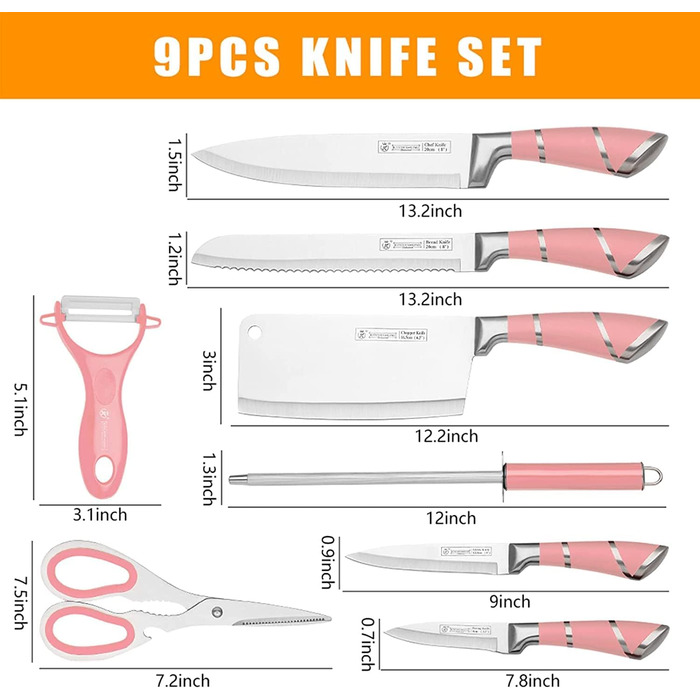 Набір кухонних ножів Justup 9шт з обертовим блоком, рожевий. Набір ножів з нержавіючої сталі з антипригарним покриттям, з точилкою для кухні.