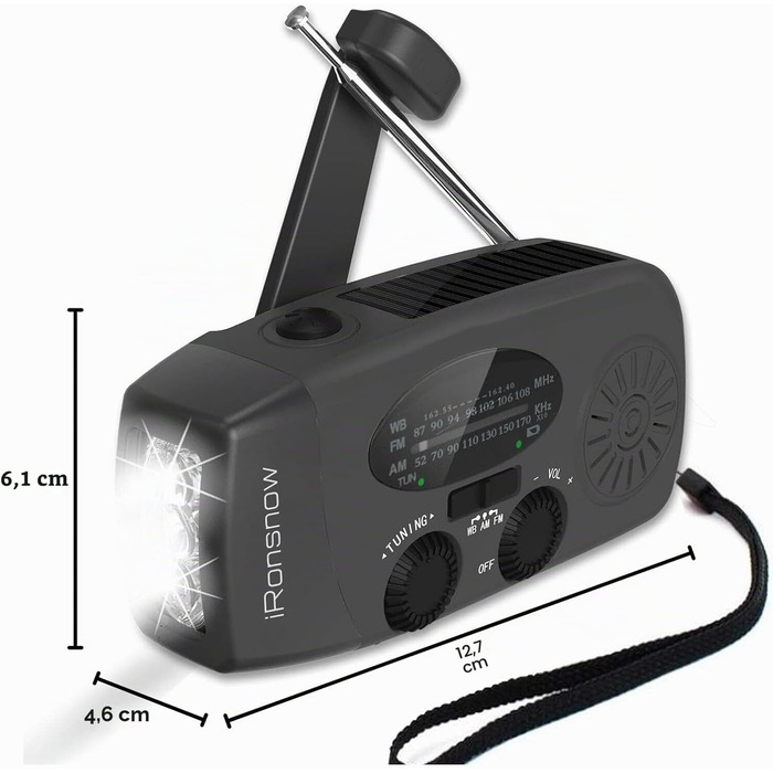 Сонячна радіостанція iRonsnow з ручним заводом, ліхтариком LED, 2000mAh AM/FM, USB зарядка, Powerbank, для походу, кемпінгу (Чорний)