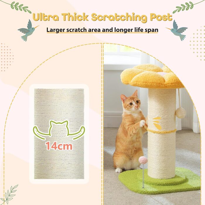 Flower Cat Tree - Small Cat Tree for Indoor Cats with Super Thick Scratching Post [Dia=14cm], Detachable Flower Cat Bed, Feather Ball - (Yellow)