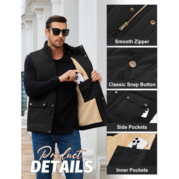 Чоловіча зимова жилетка Xnova з термопідкладкою Sherpa: тепла флісова жилетка, без рукавів, для полювання, роботи та активного відпочинку. Чорний колір, розмір M