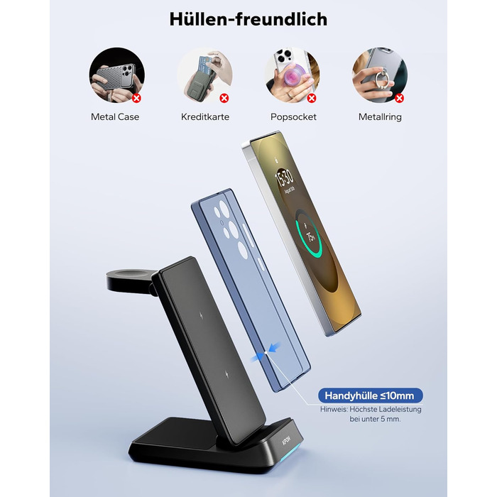 Бездротова зарядна станція 3-в-1 KPON для Samsung Galaxy Watch та смартфонів (S26/S25/S24/S23/S22/Z Flip/Fold, Buds) - Чорна, складна, індуктивне заряджання