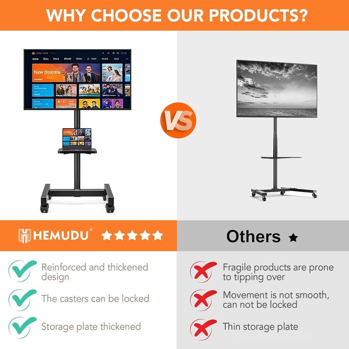 Мобільна стійка для телевізора Hemudu на колесах для LCD/LED ТВ 23-60 дюймів, регульована за висотою з полицею для ноутбука, до 35 кг, VESA до 400x400 мм