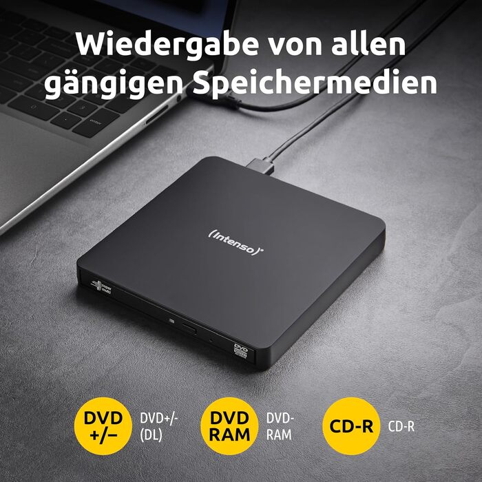 Зовнішній CD/DVD привід-записувач Intenso EOD 400D Slim, USB 3.2 (USB-C та USB-A), для ноутбуків та ПК, Windows та MacOS, чорний