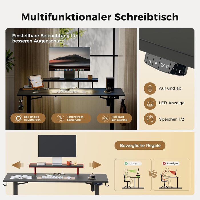 Електричний регульований стіл Agilestic з підсвічуванням, USB-портом та рухомим кріпленням для монітора, 140 x 60 см (Чорний)