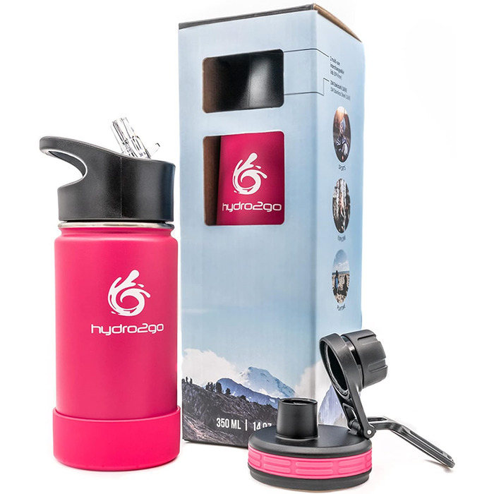 Stainless Steel Kids' Water Bottle - BPA-Free Thermos Flask with 2 Leak-Proof Caps (Straw & Sports) - 350ml (Pure Pink)
