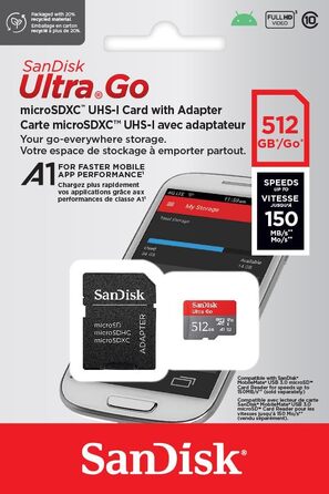 Карта пам'яті SanDisk Ultra Go MicroSDXC 512 GB з SD-адаптером, швидкість до 150 МБ/с, Class 10, UHS-I, U1, A1, Full HD для смартфонів та планшетів Android