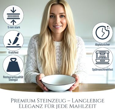 Набір посуду Porzellan Crystal 24 елементи для 6 осіб: тарілки, миски, тарілки для їжі. Білий посуд з чорним краєм Pure Living.