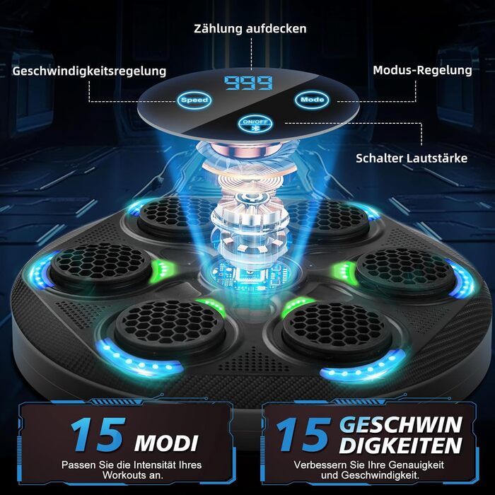 Музична боксерська машина: розумний набір для боксу з Bluetooth, 15 режимів швидкості та лічильник ударів для дорослих