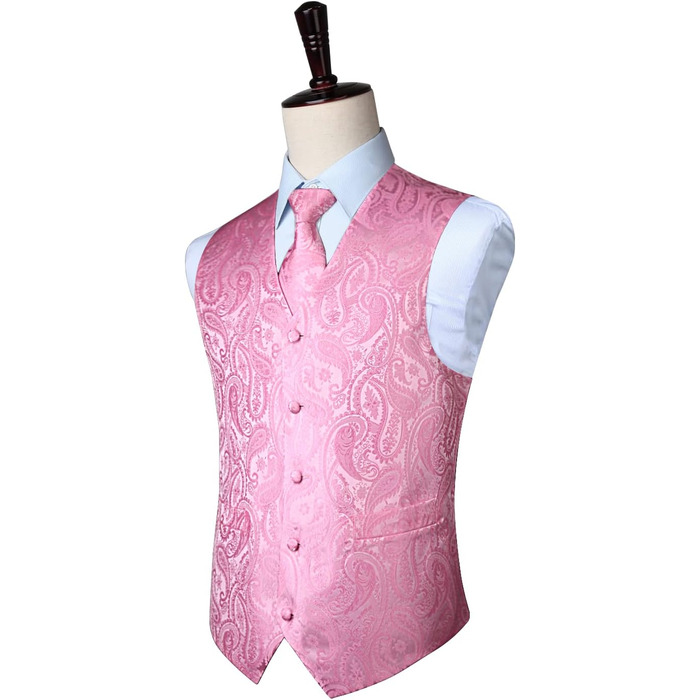 Жаккардова жилетка для костюма чоловіча Enlision на весілля з краваткою та нагрудником. Квітковий візерунок Paisley, рожева, XL