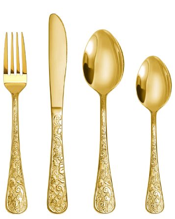 Набір столових приборів 24 предмети в золотистому вінтажному стилі для 6 осіб, нержавіюча сталь, з гравіюванням, високоякісне полірування