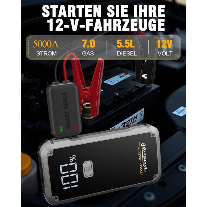 Powerbank Starthilfe VoltSurge 5000A: пусковий пристрій для авто 12V, 7.0L бензин/5.5L дизель, з LED ліхтариком