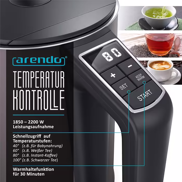Arendo - Stainless Steel Kettle with Temperature Setting 40-100 Degrees in 5 Degree Increments - Double-Walled Design - Model ELEGANT - 1.5 Liter - 2200 W - Tea Kettle with Temperature Display - GS - Black (D: Volcanic Grey)