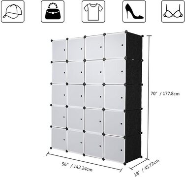 Regal system, 10 cubes, plastic wardrobe with doors, modular cabinet for space-saving storage, 70 x 45 x 175 cm, white door & black cabinet. Storage for clothing, shoes etc. (140 x 45 x 175 cm, White-1)
