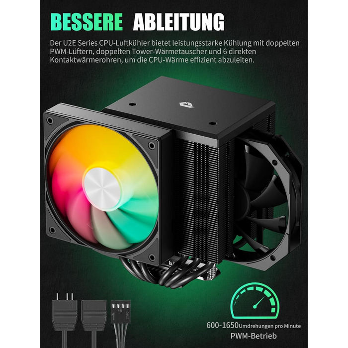 upHere Система охолодження CPU з RGB підсвічуванням, Dual Tower, 6 теплових трубок, 120мм вентилятор, сумісна з AMD AM4/AM5 та Intel 2011/2066