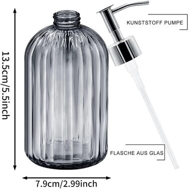 Набір з 2 скляних дозаторів для мила з помпою, 400 мл, для мила, шампуню, лосьйону, багаторазові, для кухні, ванної, пральні (темно-сірий)