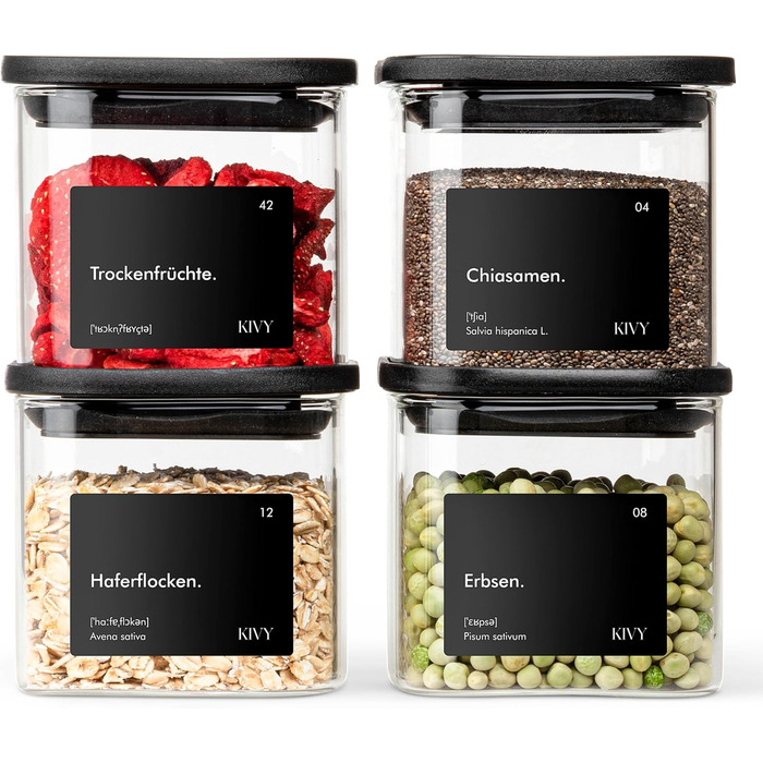Скляні банки для зберігання KIVY, чорні, 4 шт по 400 мл, з кришкою, повітряно-щільні