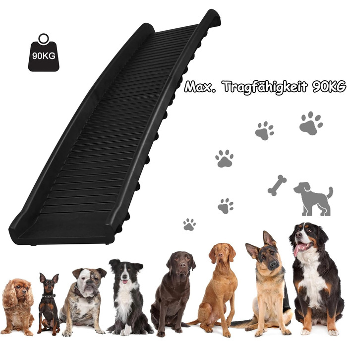 Рампа для собак NAIZY 156 см, складана, з антиковзними килимками, для собак/кішок/домашніх тварин до 90 кг, чорна