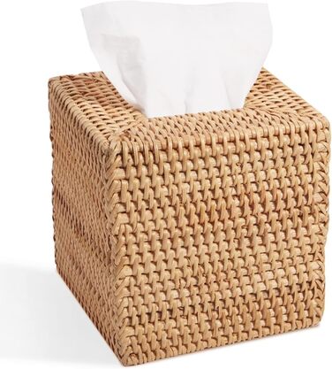 Rattan Cosmetic Tissue Box, 14 x 14 x 14.5 cm, Handwoven Square Tissue Box, Natural Decorative Tissue Box, Tissue Dispenser (Square, Natural)