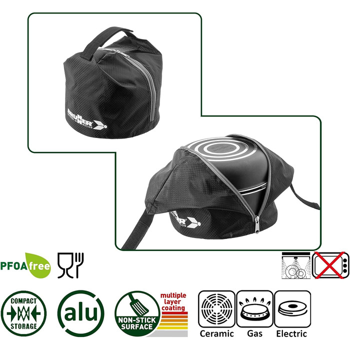 Набір посуду для кемпінгу BRUNNER з алюмінію (каструлі та сковорідки) - діаметр 20, 22, 24, 26 см, Pirate Vakublock, на 4 особи, з покриттям, легкий, високоякісний, компактний, 4+1 предмет