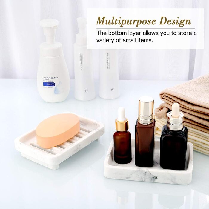 Підставка для мила MoKo Harz з подвійним шаром, швидковисихаюча, знімний контейнер для води, для кухні, ванної кімнати, душу - білий мармур