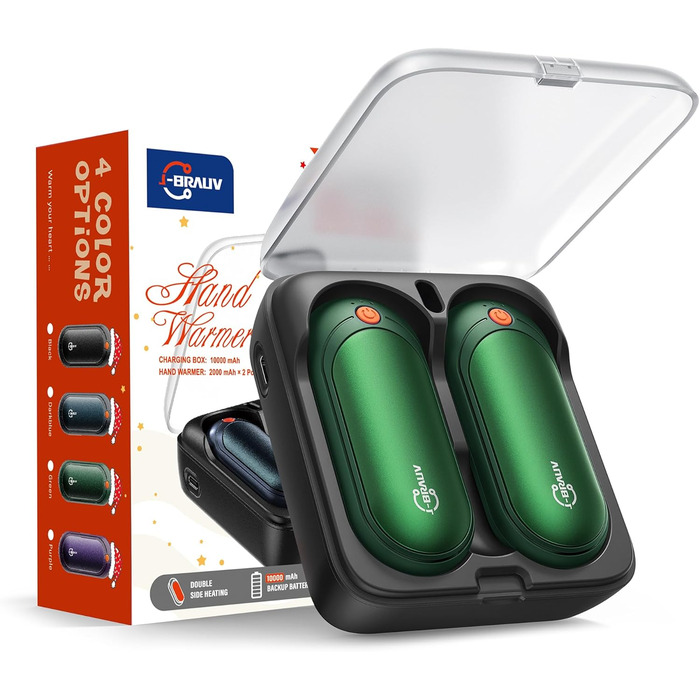 Електричні грілки для рук 2 шт. з акумулятором 2000mAh, 10000mAh зарядний пристрій, 5 режимів нагріву, USB, до 24 годин, для дітей, чоловіків, жінок (зелений, кишеньковий)