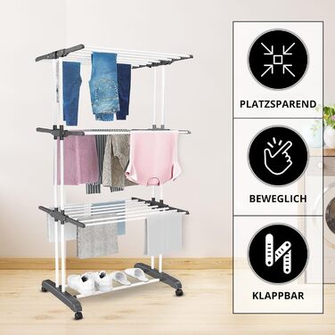 Воніа - сушилка для білизни на колесах, металева, 3 яруси, 6 відкидних крил, 72 x 50 x 172 см, для дому та вулиці