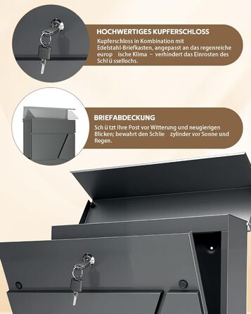 Поштовий ящик Edestahl Anthrazit з газетницею (37x37x10 см), персоналізований з табличкою для імені, вуличний, захист від реклами