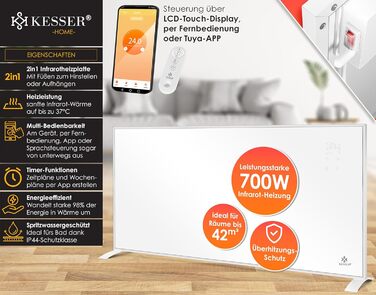 KESSER® Infrared Heater - Energy-Saving Infrared Standing Unit & Wall Mounting Electric Heater 700W with Remote Control, Thermostat & App Control, Electric Heating Panel, Heater Convector, Standing Feet, 700W, White