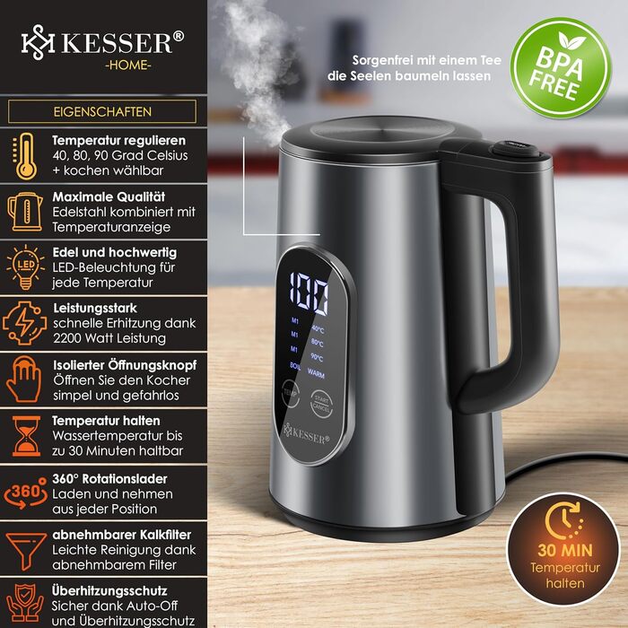 KESSER® Stainless Steel Kettle 1.7 Liter | LED Display | 4-Mode Temperature Setting 40°C-100°C | 30-Minute Keep Warm | Electric Tea Kettle 2200W BPA-Free | Scale Filter & Easy-Open Lid, Anthracite