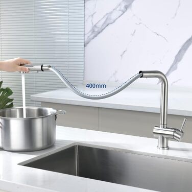 Змішувач кухонний CECIPA Hochdruck, висувна модель з донцем, шлангом та двома струменями, чорний, нержавіюча сталь, 360° обертання, ×207B (L-подібний, матовий нержавіюча сталь)