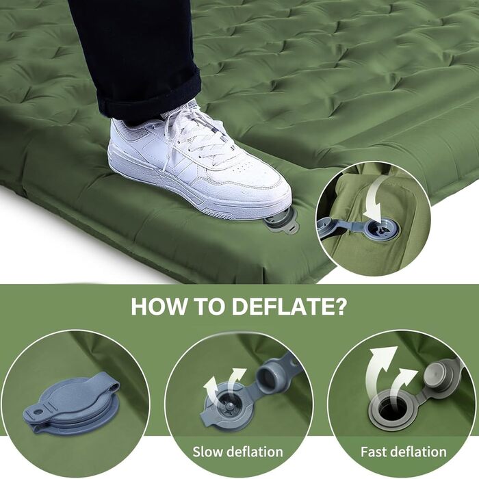 Airminti Self-Inflating Camping Mat - 12cm Thick, Lightweight Air Mattress with Foot Pump & Pillow - Outdoor Sleeping Pad for Camping, Trekking, Beach & Festival - Compact, Army Green (2 Person)
