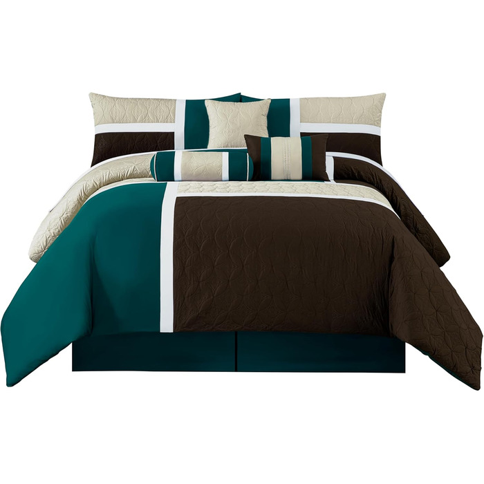 Комплект постільної білизни Chezmoi Collection Upland 7-piece, Patchwork Design, розмір King (Oversized), блакитно-зелений/бежевий/коричневий