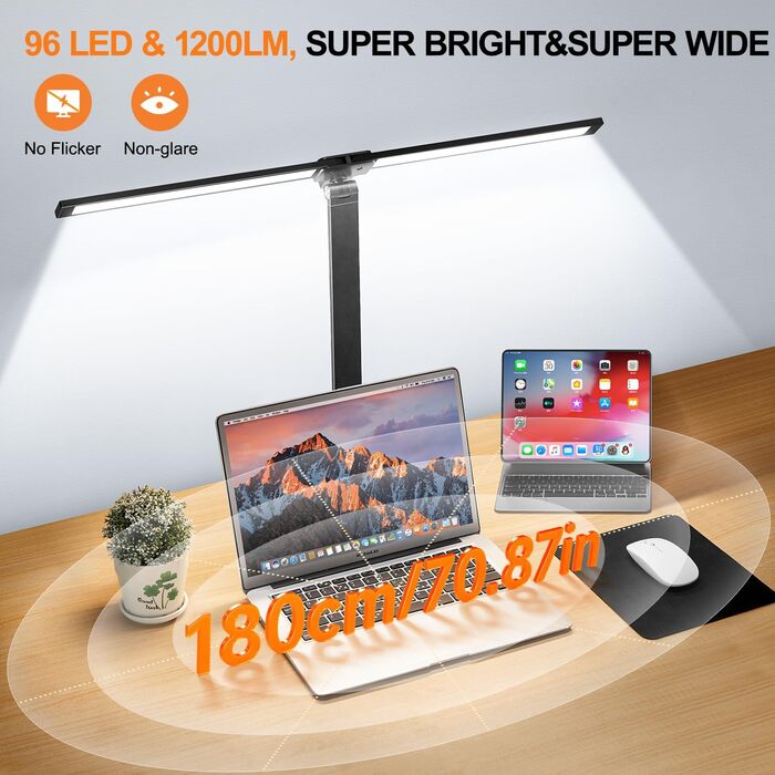 Настільна лампа One Fire з адаптером, 1000 люмен, 96 LED, диммування, для навчання дітей, з таймером та функцією пам'яті, денне світло, білий/чорний колір