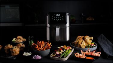 AEG AF6-1-4ST Hot Air Fryer / Frying / Grilling / Roasting / Baking with little to no oil / 8 programs / 3.5 l capacity / dishwasher safe / LED touch display / programmable / Stainless steel, Grey Stainless Steel 3.5l Capacity Series 6000