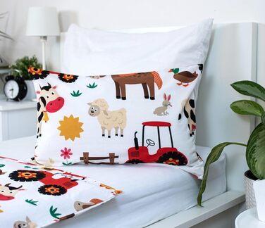 Комплект постільної білизни для дитячого ліжечка: простирадло 100x135 см та наволочка 40x60 см з бавовни, сертифікат Öko-Tex Standard, для хлопчиків та дівчаток (фермерський дизайн)