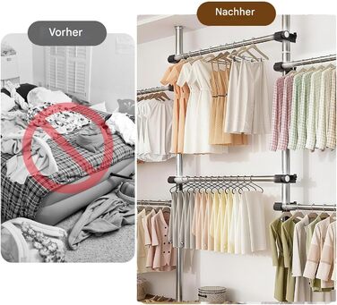 Телескопічна система для гардеробу: розширювана штанга для одягу з 6 штангами та 2 гачками, регульована полиця 110-300 см, для дому та магазину одягу, білий (срібний)