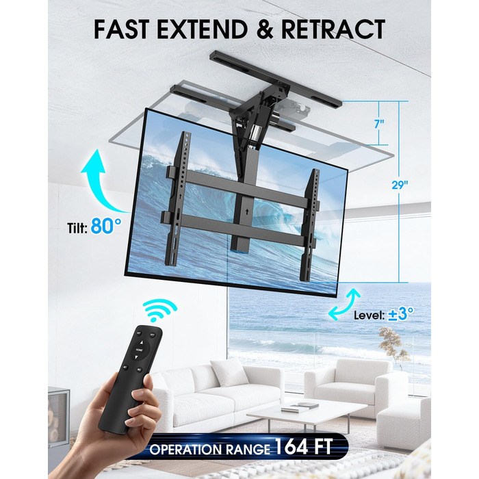 Електричний кронштейн для телевізора на стелю 32-70 дюймів, для плоских та вигнутих TV, чорний, VESA 600x400 мм, з пультом ДУ