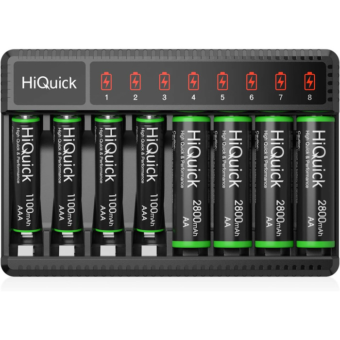 Зарядний пристрій HiQuick для акумуляторів AA AAA, 8 слотів з LED-дисплеєм, для NI-MH NI-CD акумуляторів (без акумуляторів)