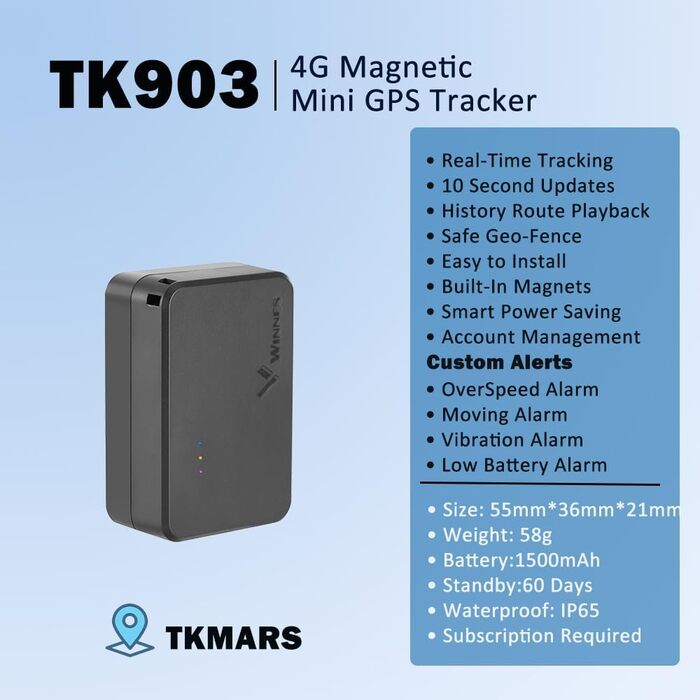 GPS трекер для авто TKMARS 4G, 20000 мА·год, магнітний, водонепроникний IP67, велика дальність, без підписки, кілька режимів сигналізації, безкоштовний додаток