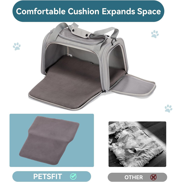 Транспортна переноска для котів та маленьких собак Petfit, сіра, L - легка переноска для подорожей літаком з ремінним кріпленням та розширюваним килимком