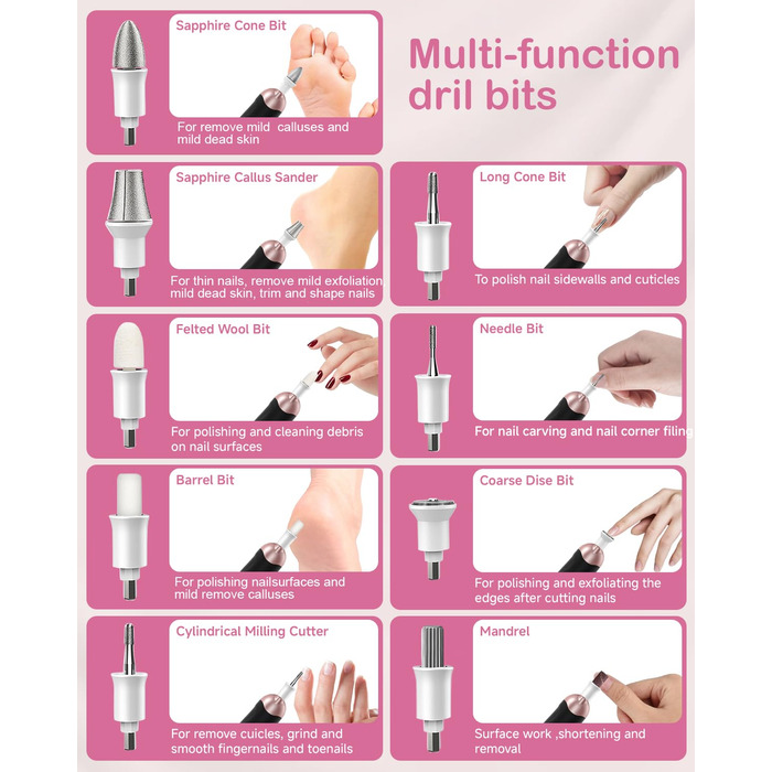 Електричний набір для манікюру та педикюру з LED-підсвічуванням: пилка для нігтів, 10 насадок