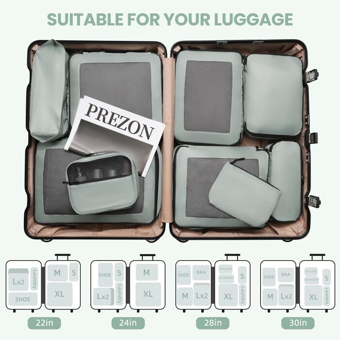 Органайзери для валіз Prezon, набір 10 шт., зелені