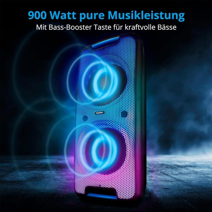 MEDION PE-1 Pure Partybox: портативна Bluetooth колонка з мікрофоном, світлові ефекти, караоке, AUX, USB, радіо (2 x 450 Вт)