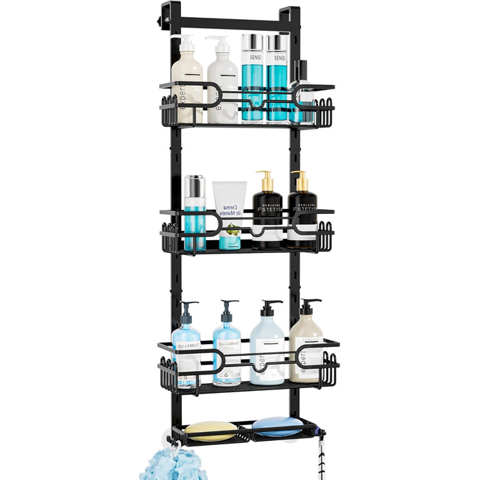 HapiRm Shower Shelf - Hanging Shower Rack Adjustable with 4 Shower Baskets, Shower Shelf No Drilling with Soap Dish and Hooks, Shower Shelf Over the Door Glass Wall & Bathroom Door, Black