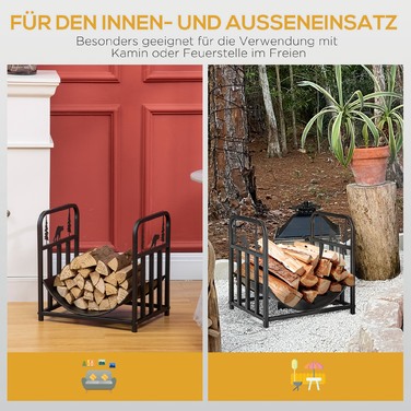 Стильна металева полиця для дров Outsunny (Aosom) – 42 x 33,5 x 43 см. Ідеально підходить для зберігання дров як у приміщенні, так і на вулиці. Міцна конструкція з ручками, витримує до 50 кг. Чорний колір.