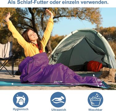 Спальний мішок туристичний 2в1 з мікрофібри, 220x95 см, для кемпінгу, хостелів та гірських притулків, зелений/фіолетовий