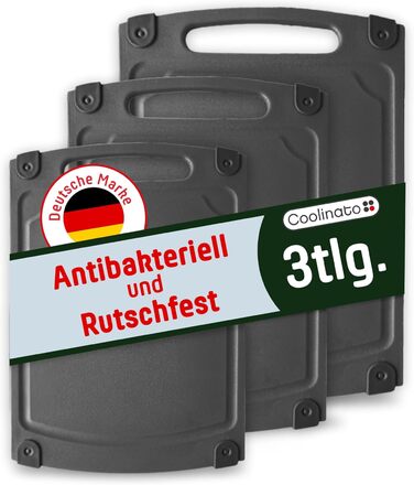 Набір кухонних дощок Coolinato з пластику сірого кольору (3 шт.) S/M/L – антибактеріальні, з жолобом для соку, неслизькі, з ручкою. 3 розміри для гігієнічного розділення. Набори кухонних дощок сірого кольору, розміри S, M та L, придатні для миття в посудо